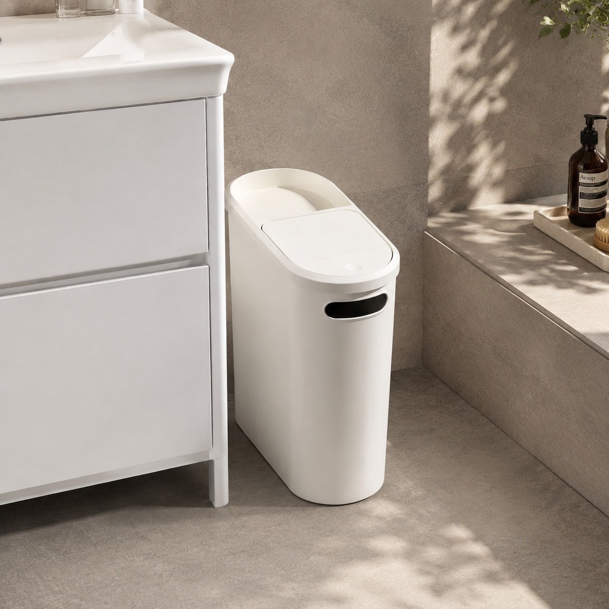 Slim Gap Trash Can showing press-to-open functionality