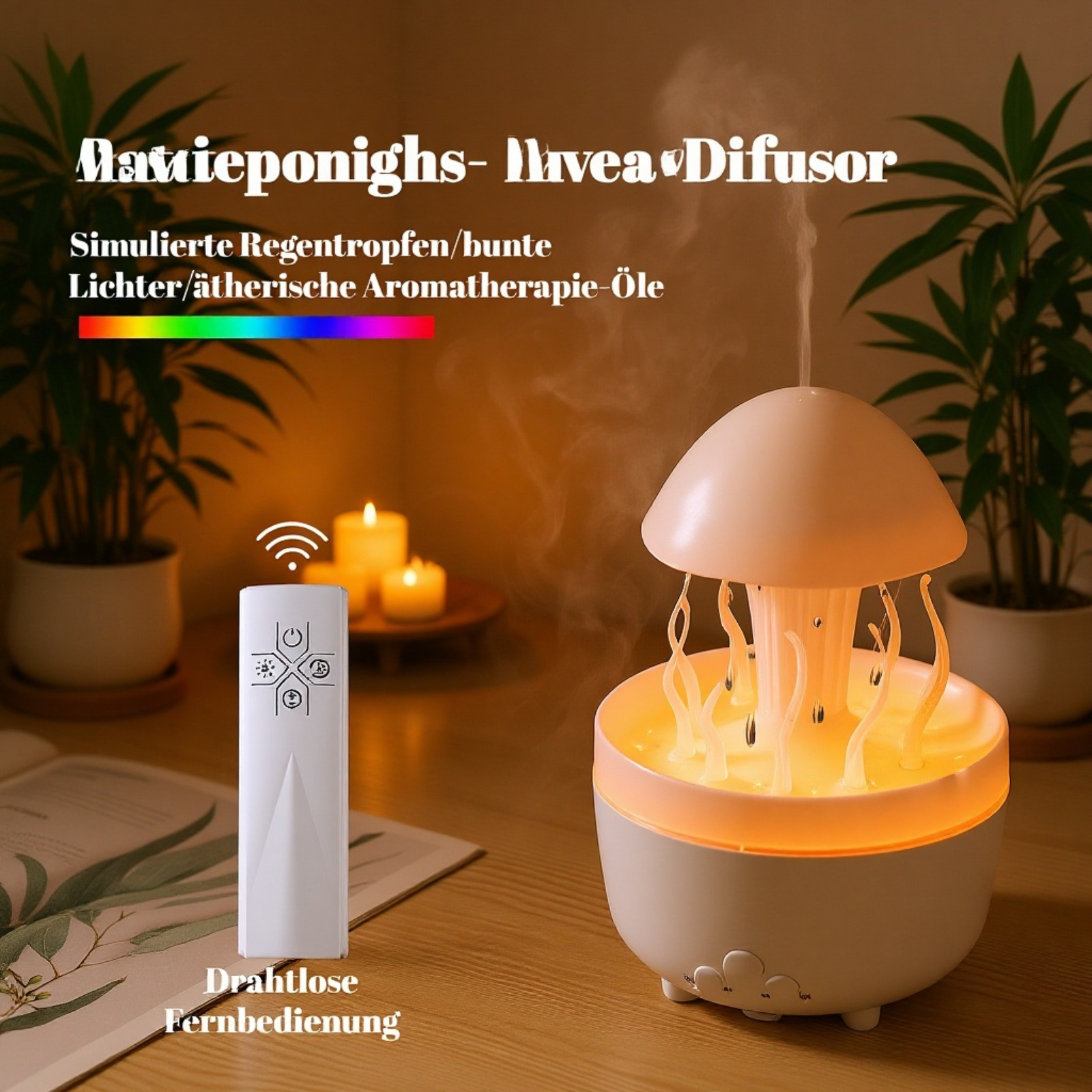 Drehbare Quallen-Aromatherapie-Maschine mit Regen-Tropfen-Design und buntem Nachtlicht für Zuhause