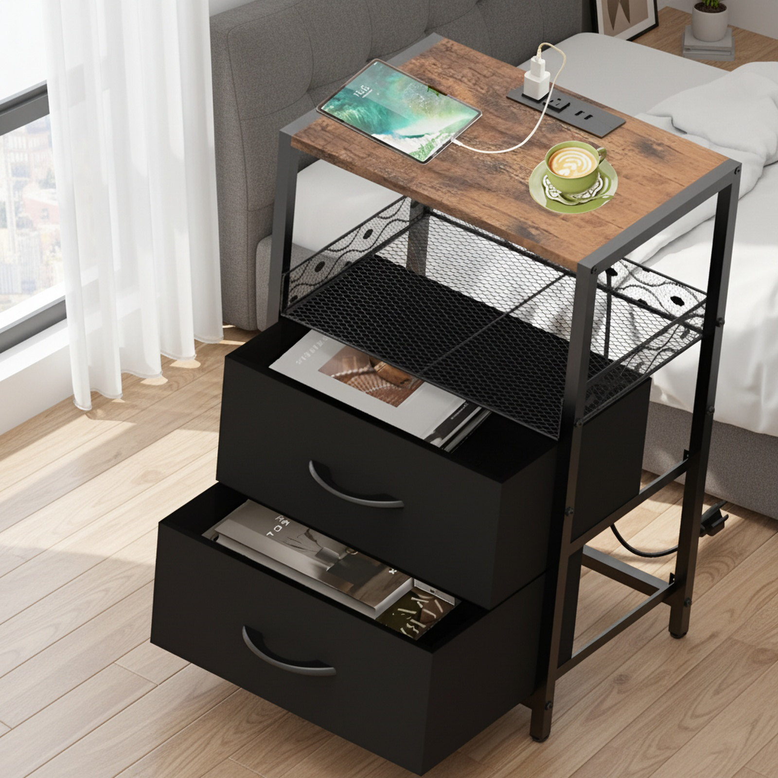 Dreilagiges Aufbewahrungsregal mit integrierter Ladestation und USB-Port, mit Schublade