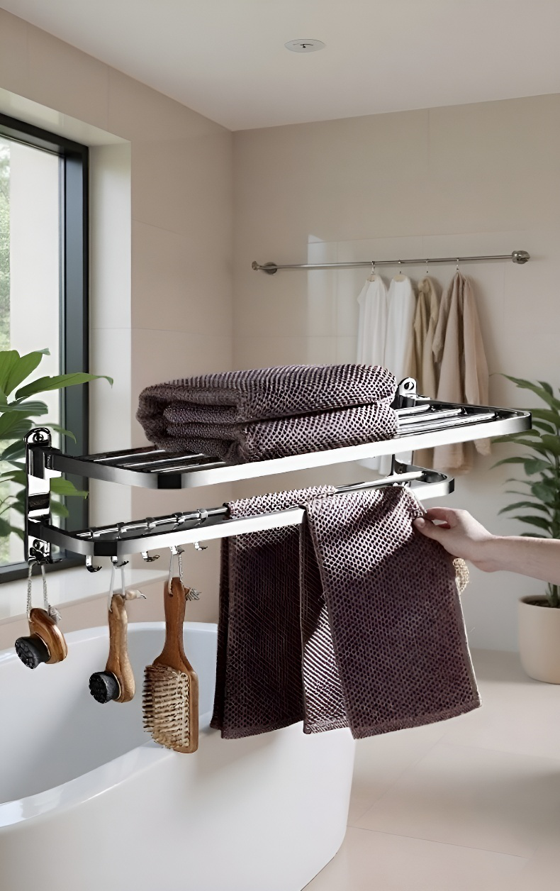 Wall-mounted stainless steel towel rack installed in a modern bathroom