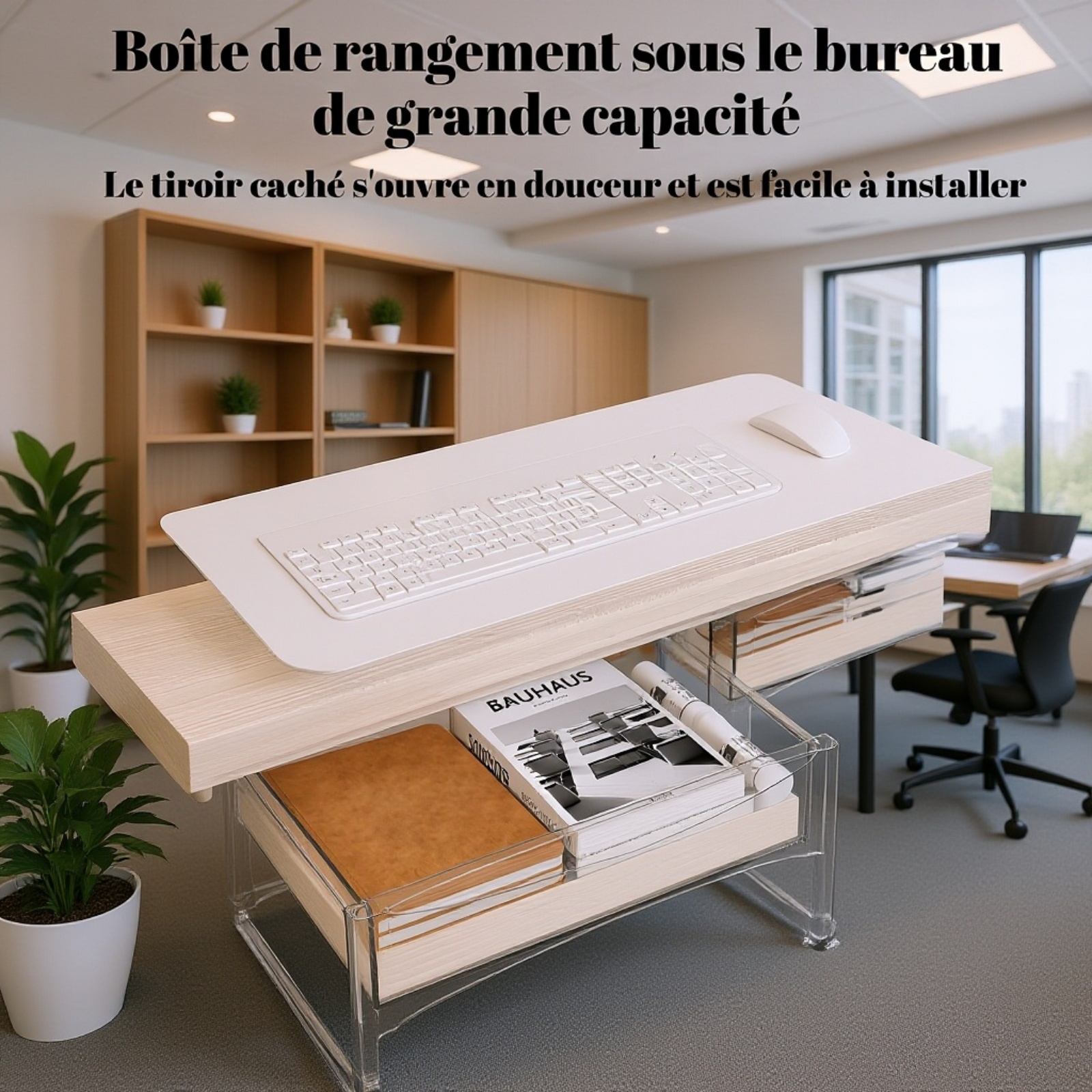 Boîte de rangement invisible pour bureau tiroir extensible sans perçage ni clou
