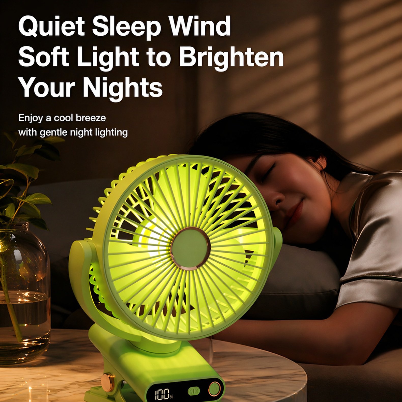Portable USB Silent Clip-on Fan with Digital Display Night Light for Desktop and Home