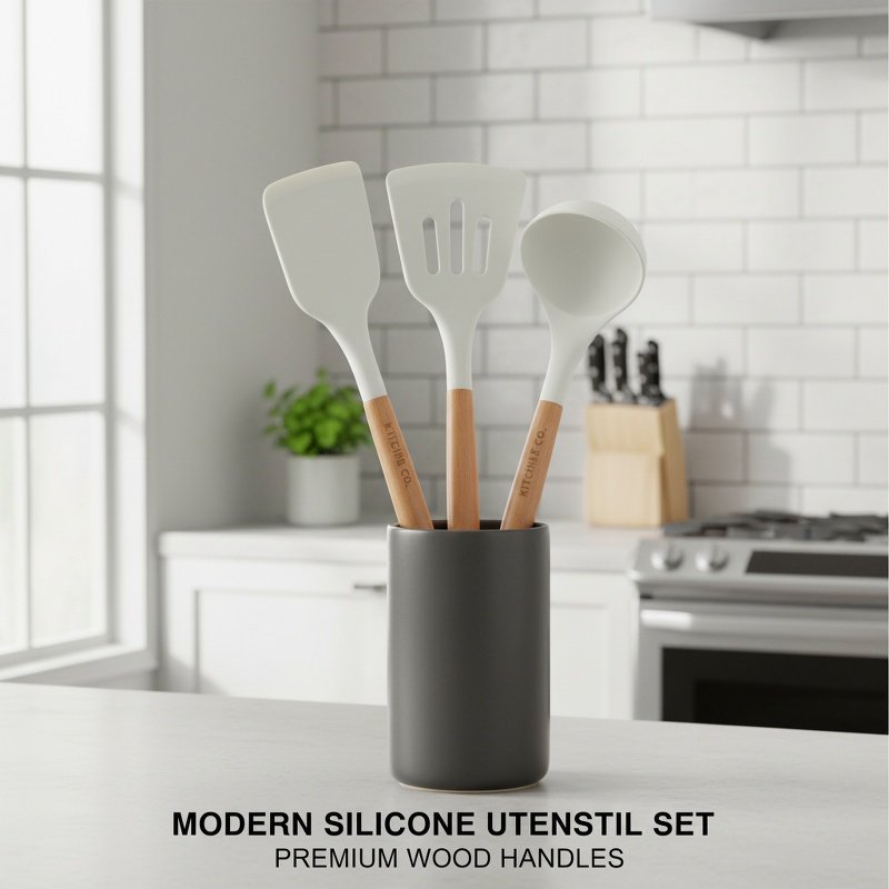 Stylish silicone and wood kitchen tools on countertop