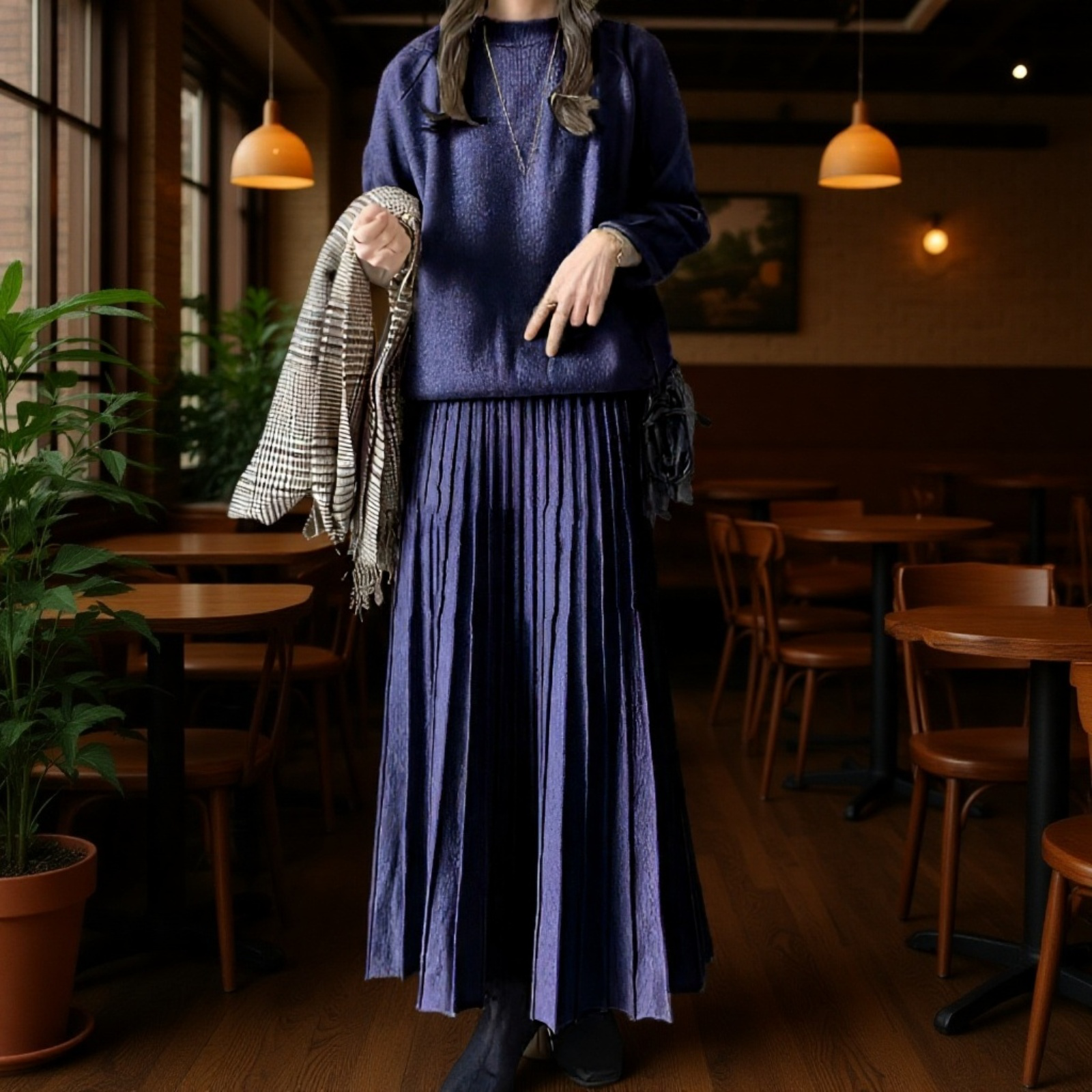 細見えハイウエスト万能プリーツAラインスカート女性用無地セミスカート2点セット