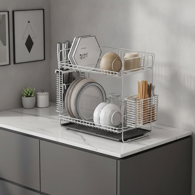 Kitchen Drain Rack 304 Stainless Steel Double Layer Dish Organizer