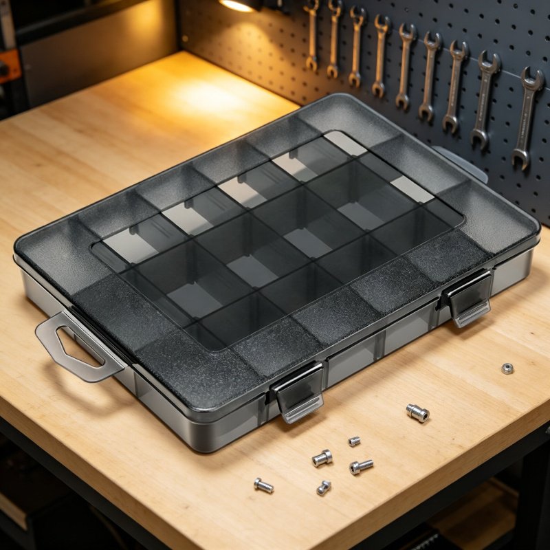 Caja organizadora de piezas con compartimentos múltiples transparente