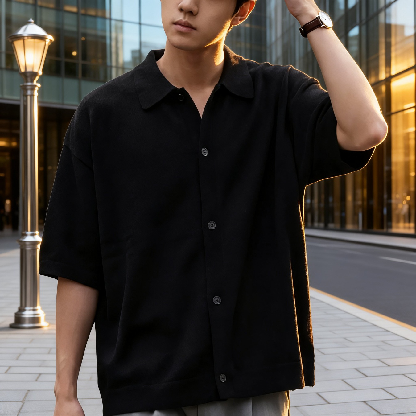 短袖針織シャツのフロント開襟部分