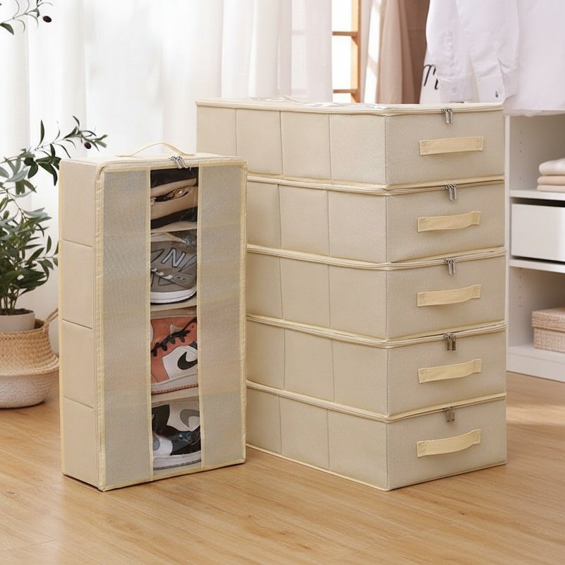 Under-bed storage box, foldable transparent fabric cover, for storing blankets, clothes, shoes, and 