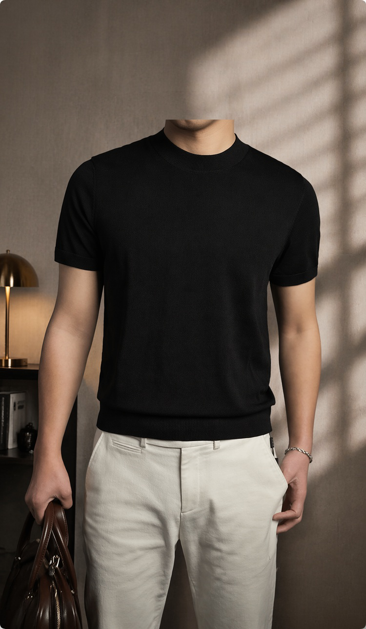 メンズ夏用ゆったりフィット無地ニット半袖Tシャツ全体画像