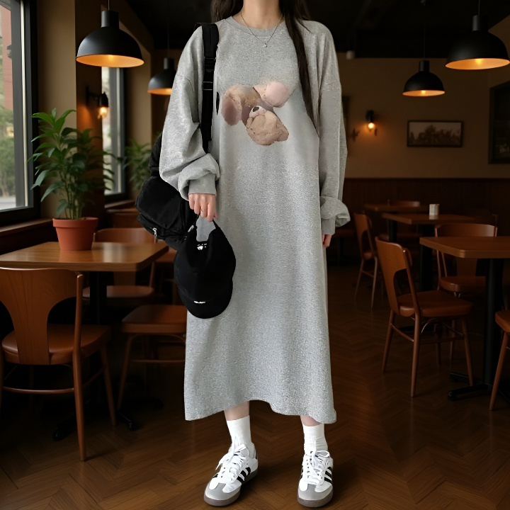여성 긴팔 원피스 원피스 하프 기장 널찍하다 여유가 있다 느슨하다 묵히다 휴한하다 박형