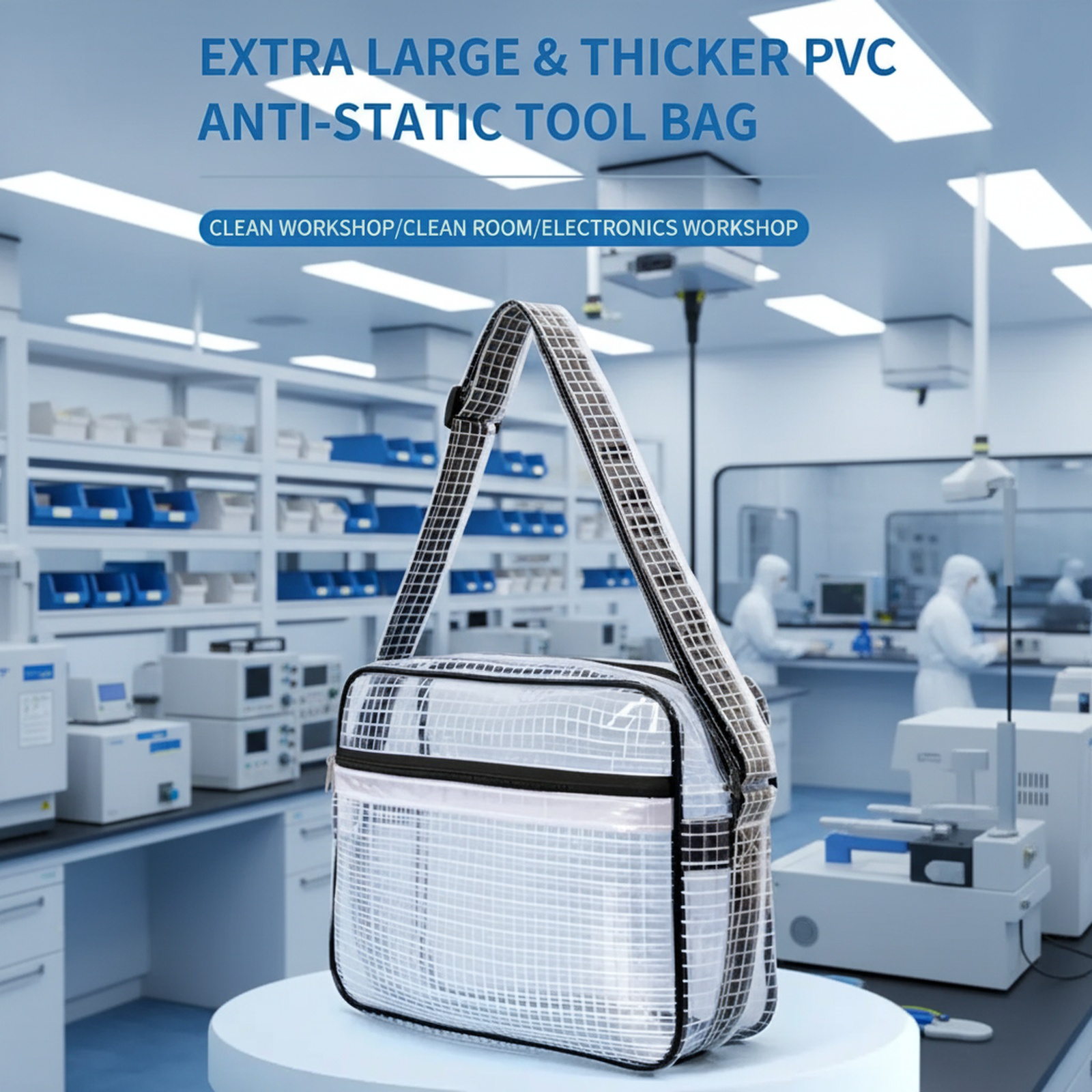 Front view of multi-functional anti-static transparent mesh PVC bag