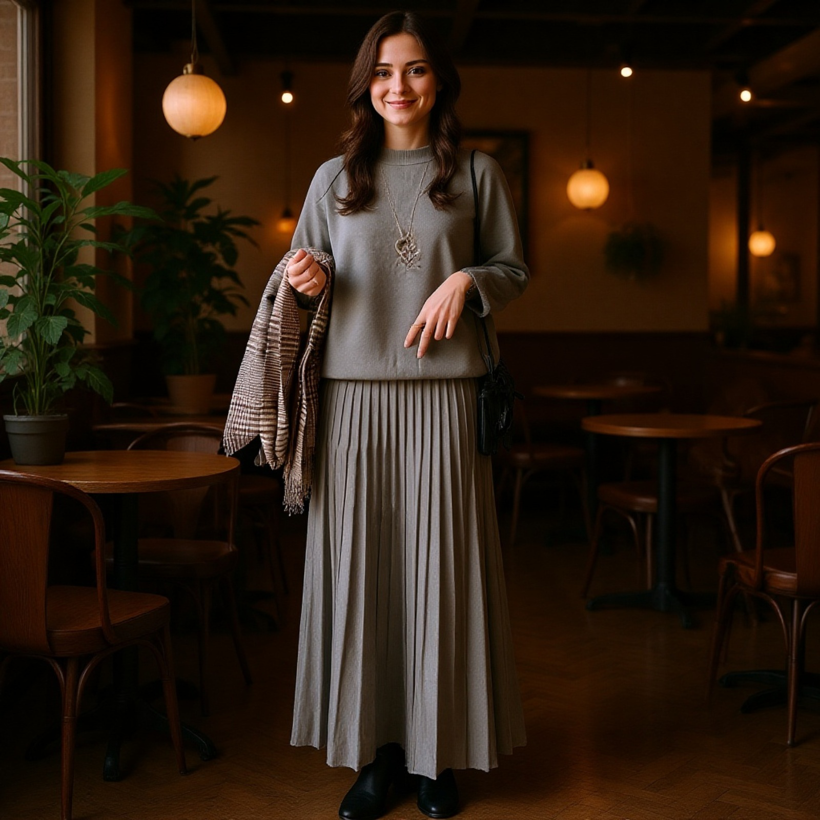 細見えハイウエスト万能プリーツAラインスカート女性用無地セミスカート2点セット