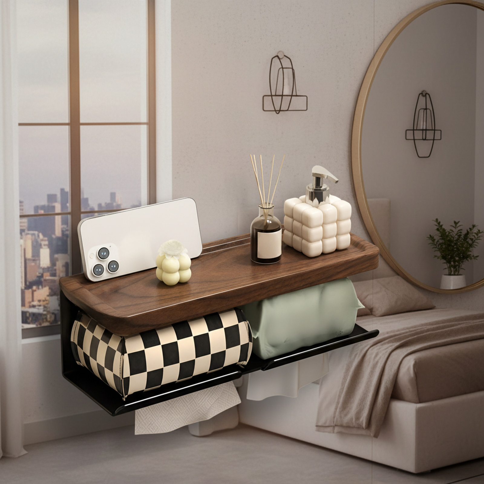 Punch-Free Walnut Wood Toilet Paper Holder Tissue Storage