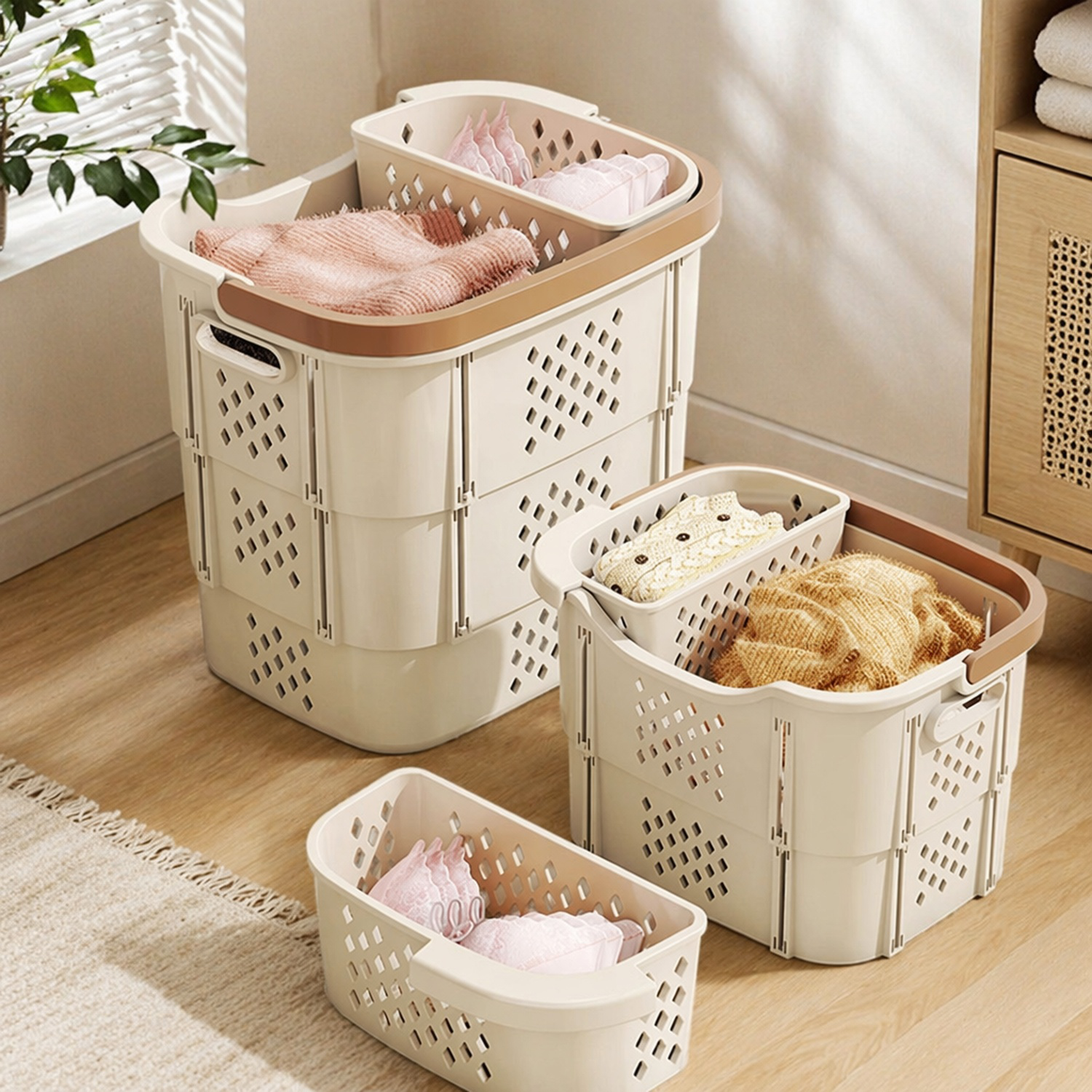 Spacious clothing storage basket with multiple compartments