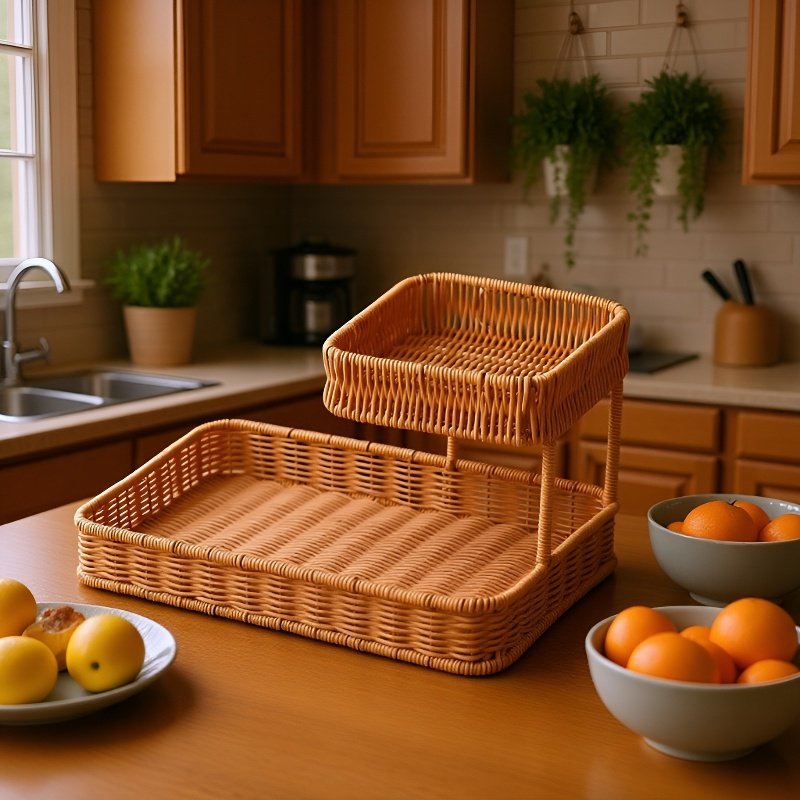 Cesta de almacenamiento de ratán multicapa para cocina.