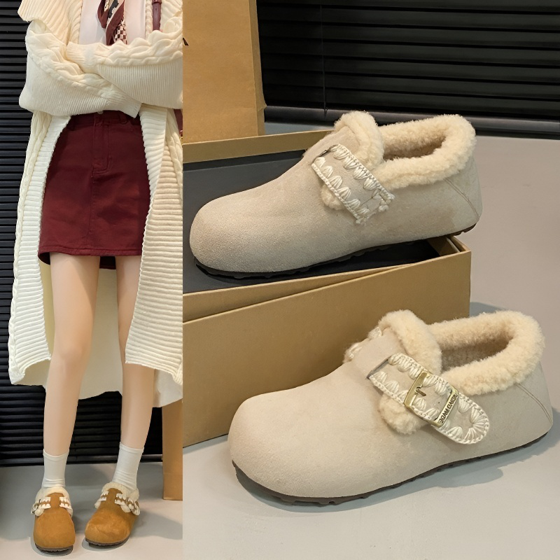 화이트 소프트 버켄 융털 도톰 워커 여성 겨울 플랫 면화 원터치 플랫 컴포트화