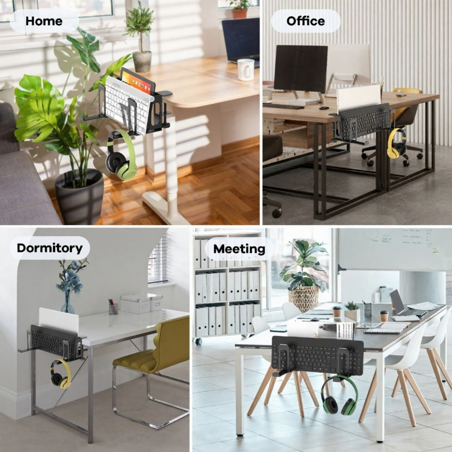 Laptop stand with side keyboard storage, includes headphone holder, handle hook, and tablet.