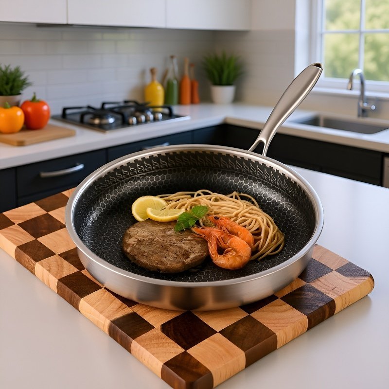 Batería de Cocina Antiadherente con Tapa, Acero Inoxidable 304, Diseño de Panal