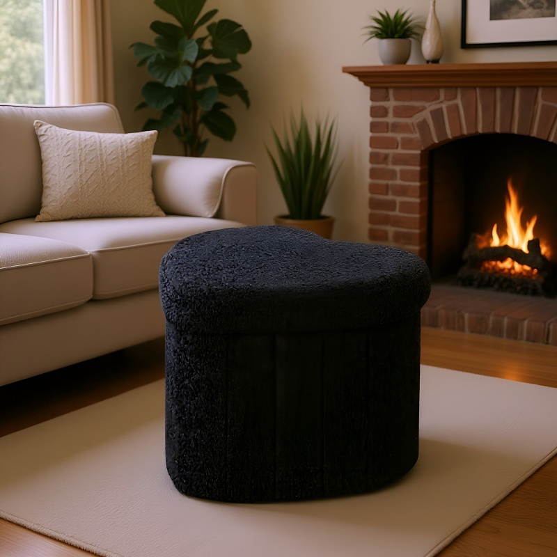 Tabouret de rangement multifonctionnel en forme de cœur, tissu Teddy, format compact