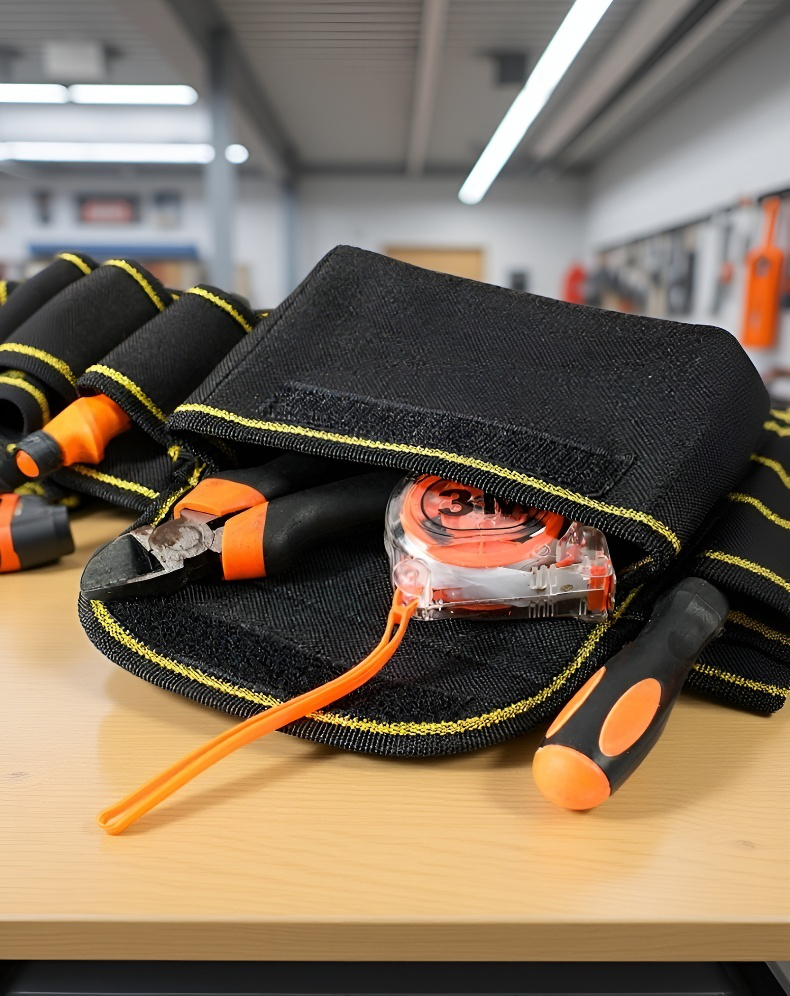 Close-up of tool storage bag pockets and zippers