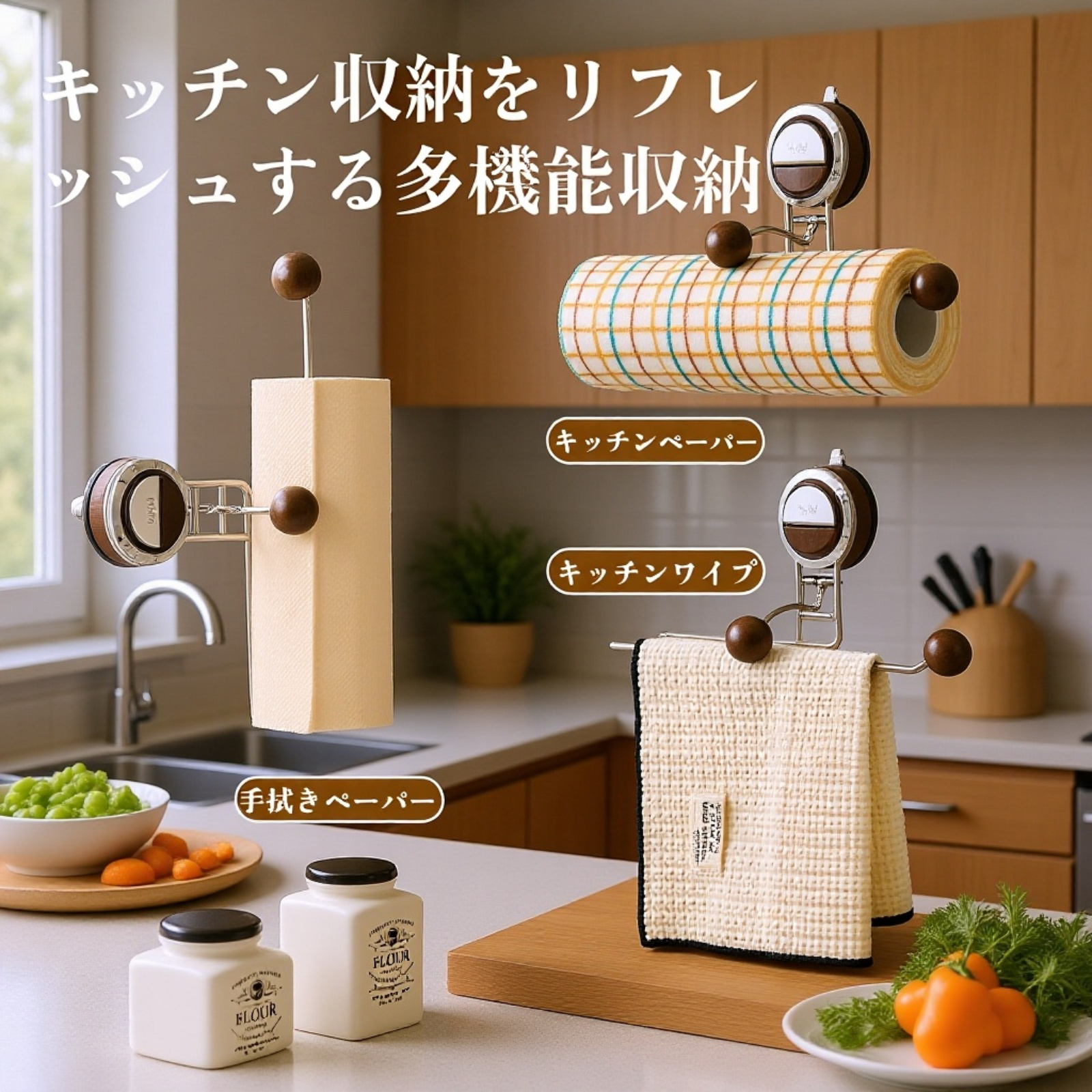 吸盤付き布巾・トイレットペーパー収納ラック 壁掛け式 取り外し可能