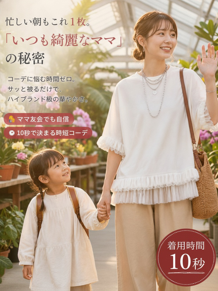 花柄ディテールが際立つ純綿トップスのアップ