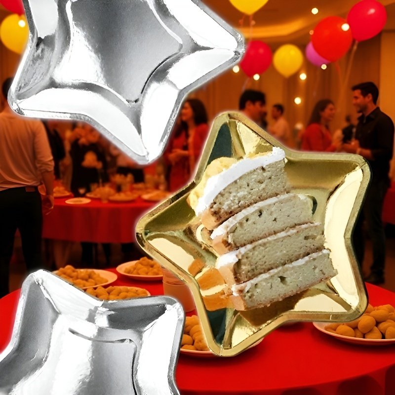 Platos de papel desechables con estrellas doradas y plateadas navideñas