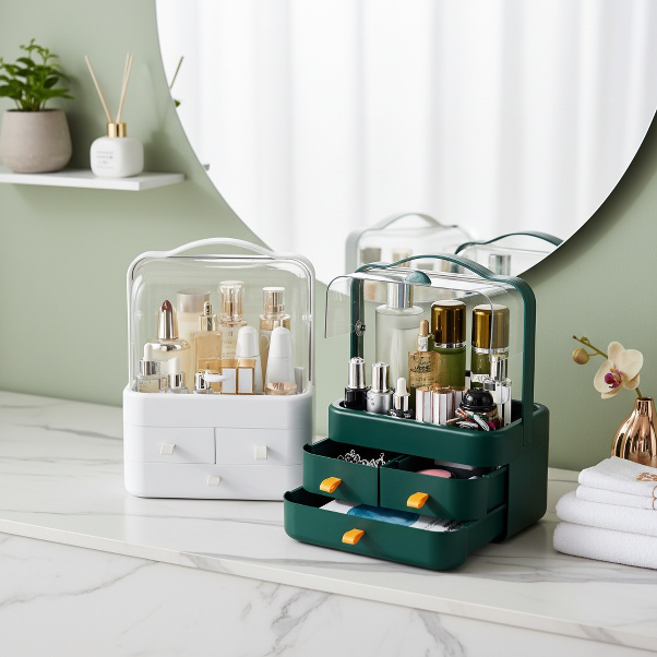 Clear dustproof cover protecting makeup items