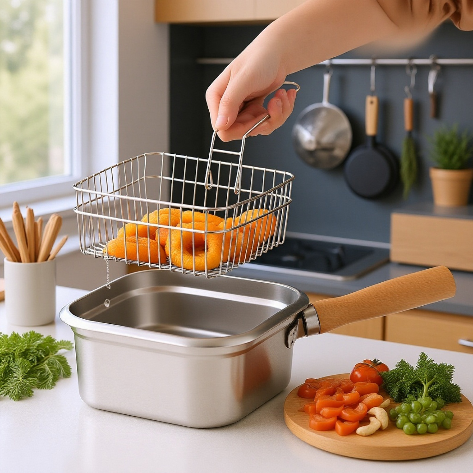 日本製ステンレススクエアフライパン 家庭用麺調理鍋 ミルクポット アウトドアポータブル多機能鍋 天ぷらフライパン