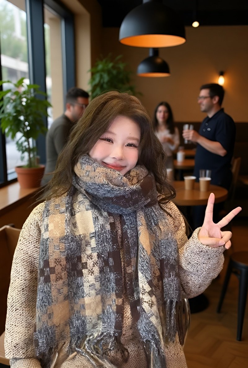 여성 모델이 착용한 빈티지 니트 머플러