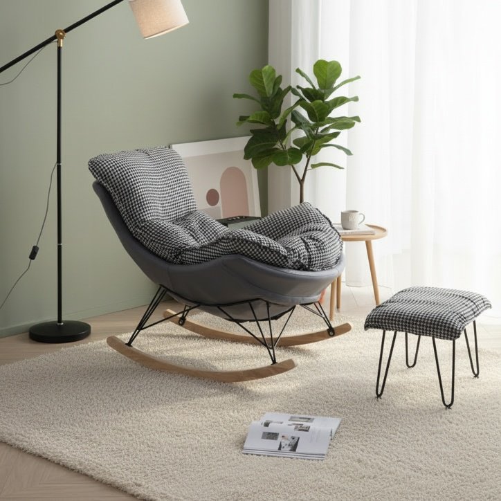 Eleganter nordischer Einzelschaukelstuhl, Freizeitsofa, Mittagsschlafstuhl für Balkon