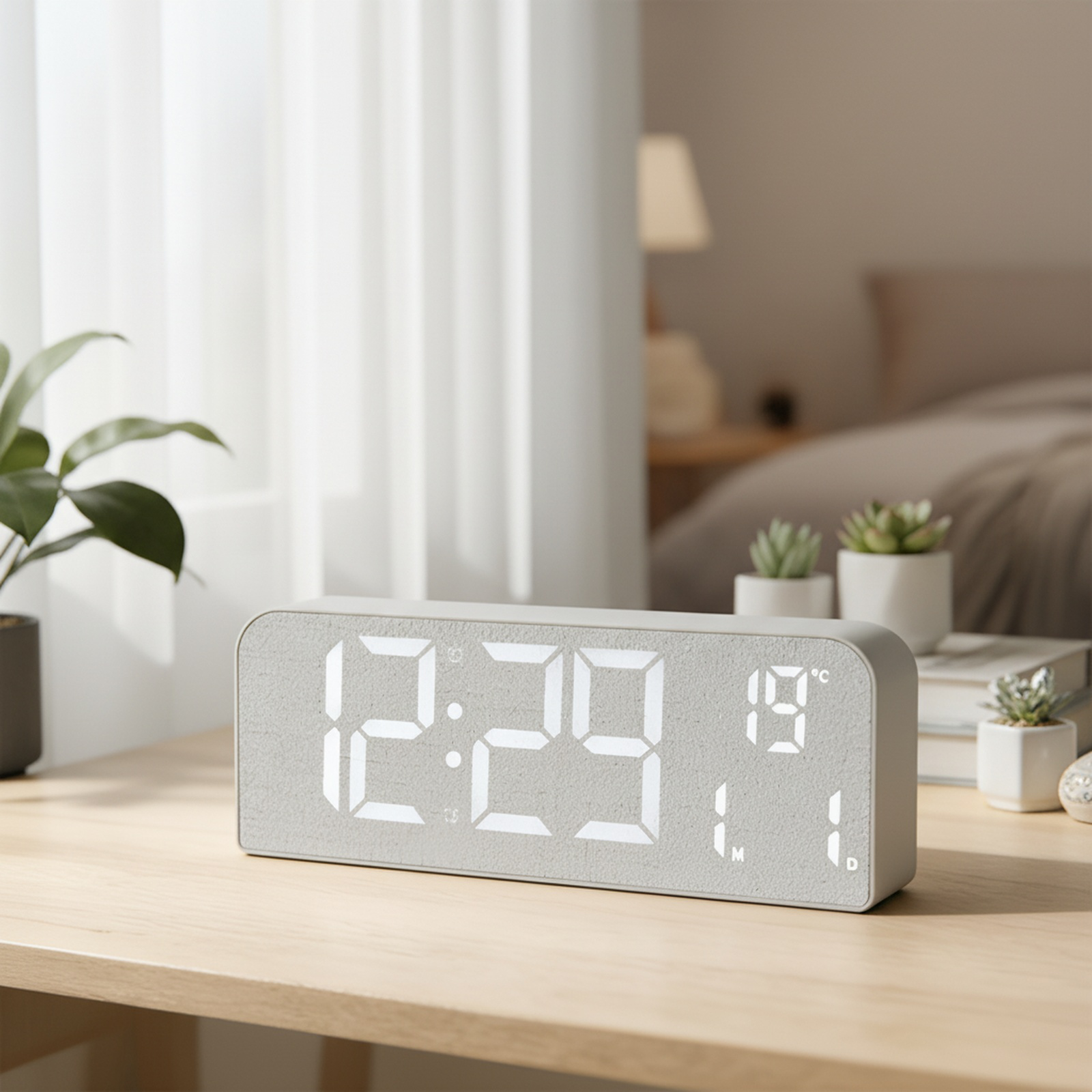 LED-Tischuhr mit Holzmaserung im nordischen Stil, Stoffoptik, Anzeige von Datum und Wochentag