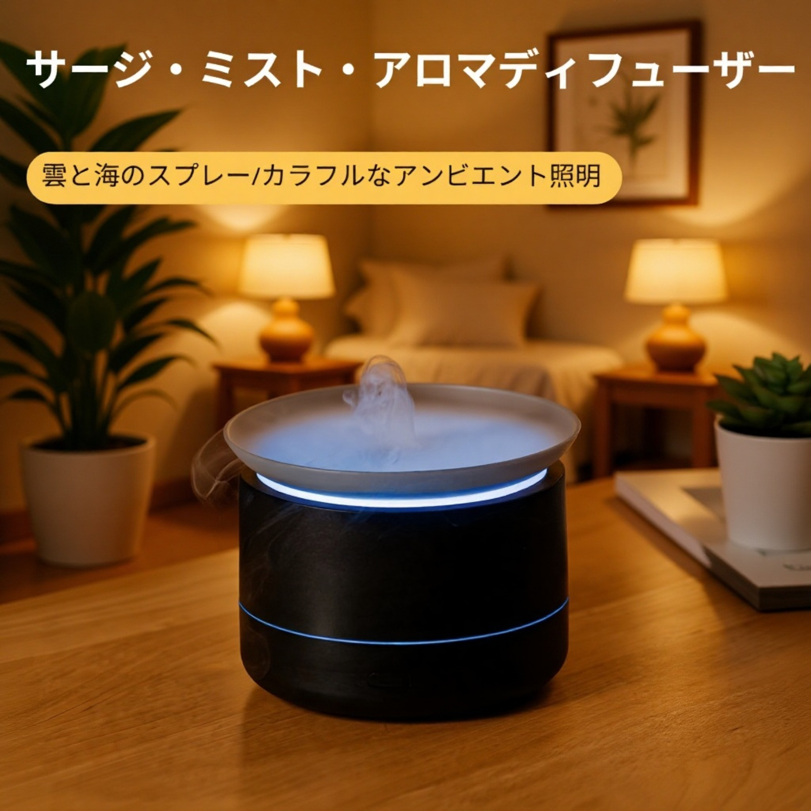 デスクトップライト付き霧のアロマ加湿器