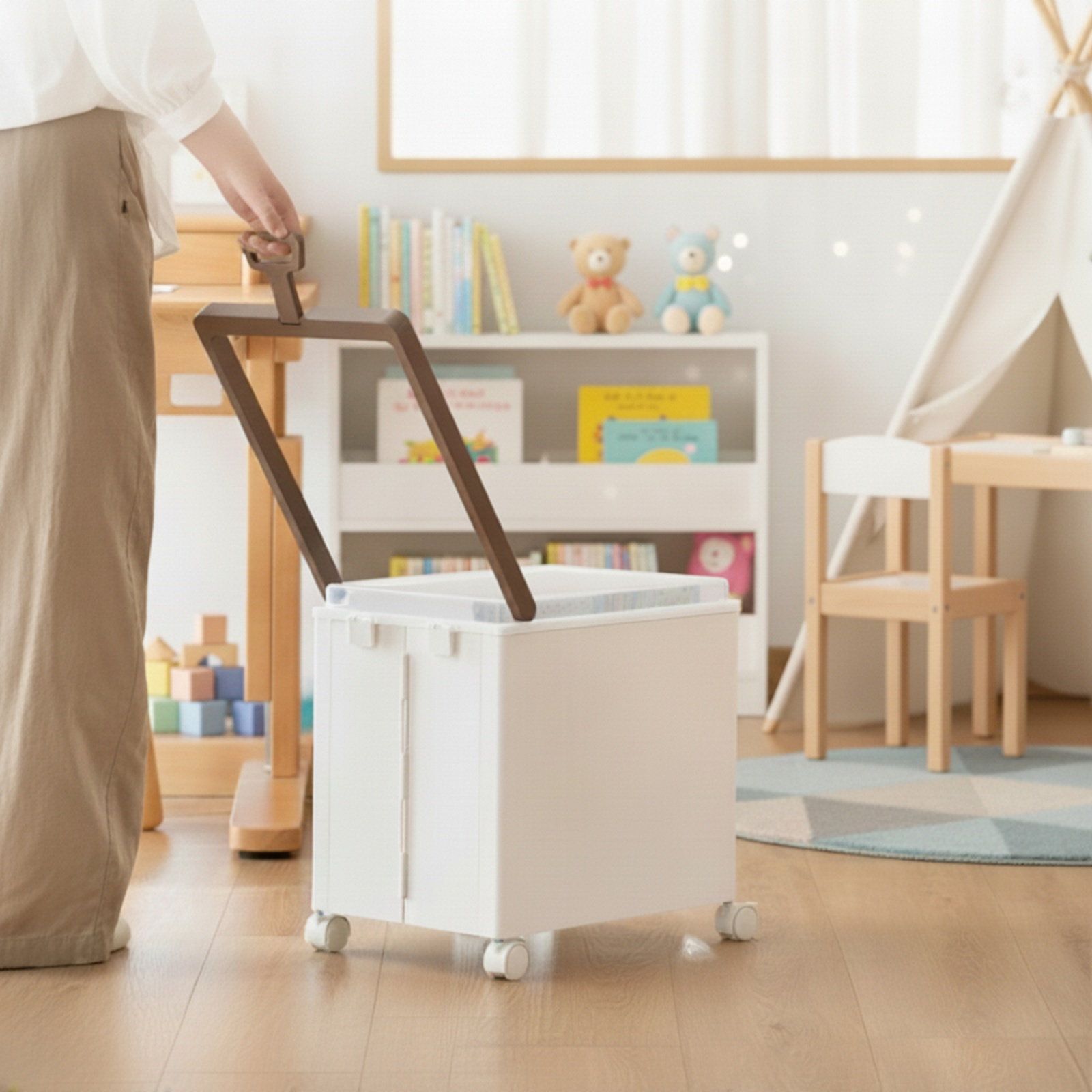 Portable under-desk trolley with wheels and lid for storing books, snacks, and other items; a foldab