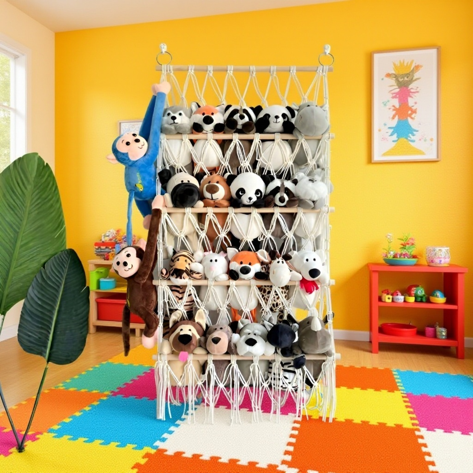 Organizer na zabawki z drewnianymi półkami zamontowany w pokoju dziecięcym