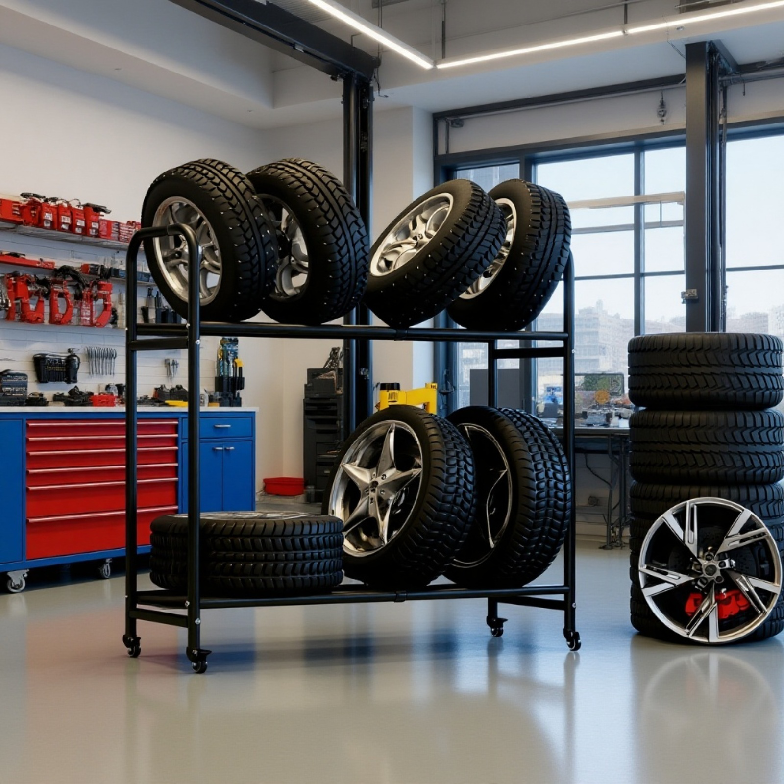 タイヤラックセット 2段タイヤラック 大型 幅108cm 高さ調節可能 タイヤ8個 キャスター付き収納 屋外用タイヤラック タイヤ収納ラック 横揺れ防止 棚幅広 組み立て簡単。