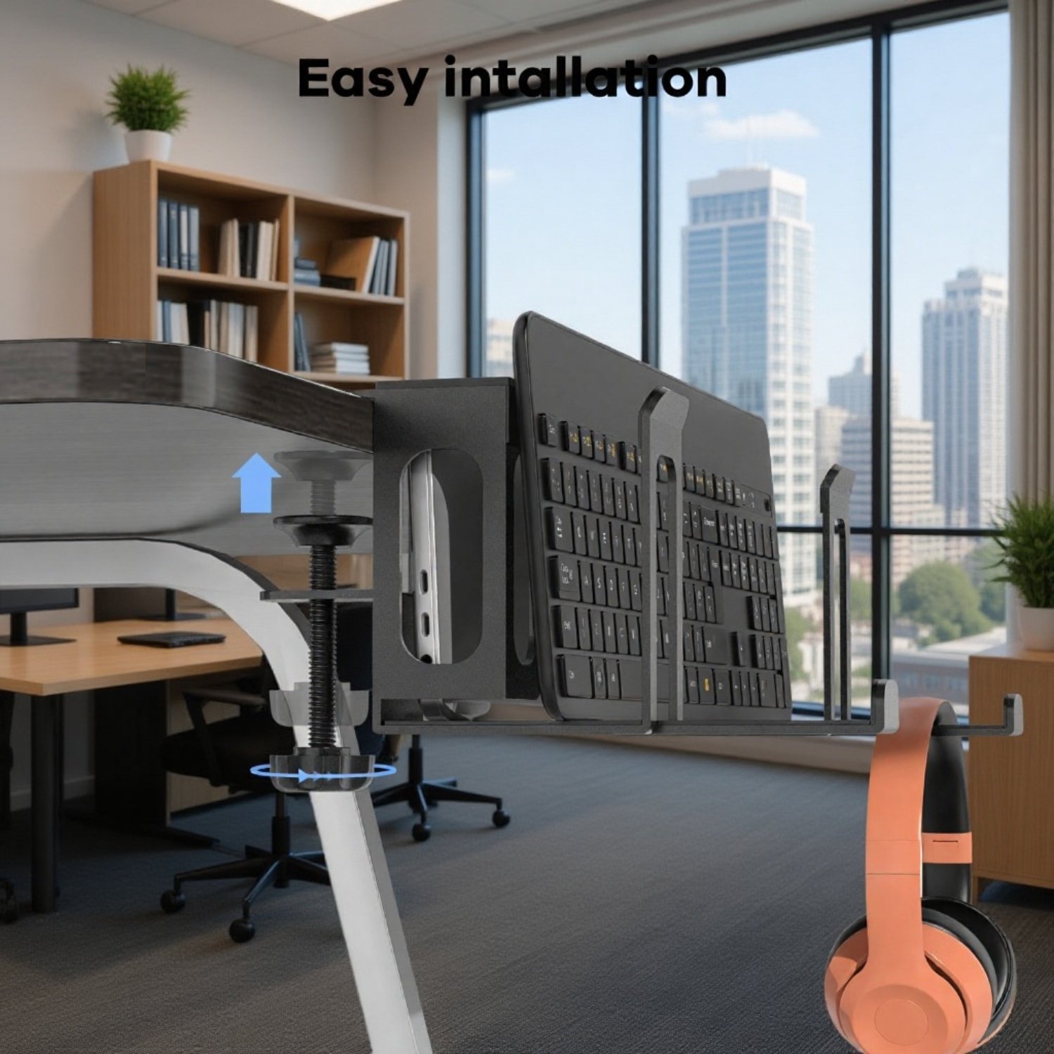 Laptop stand with side keyboard storage, includes headphone holder, handle hook, and tablet.