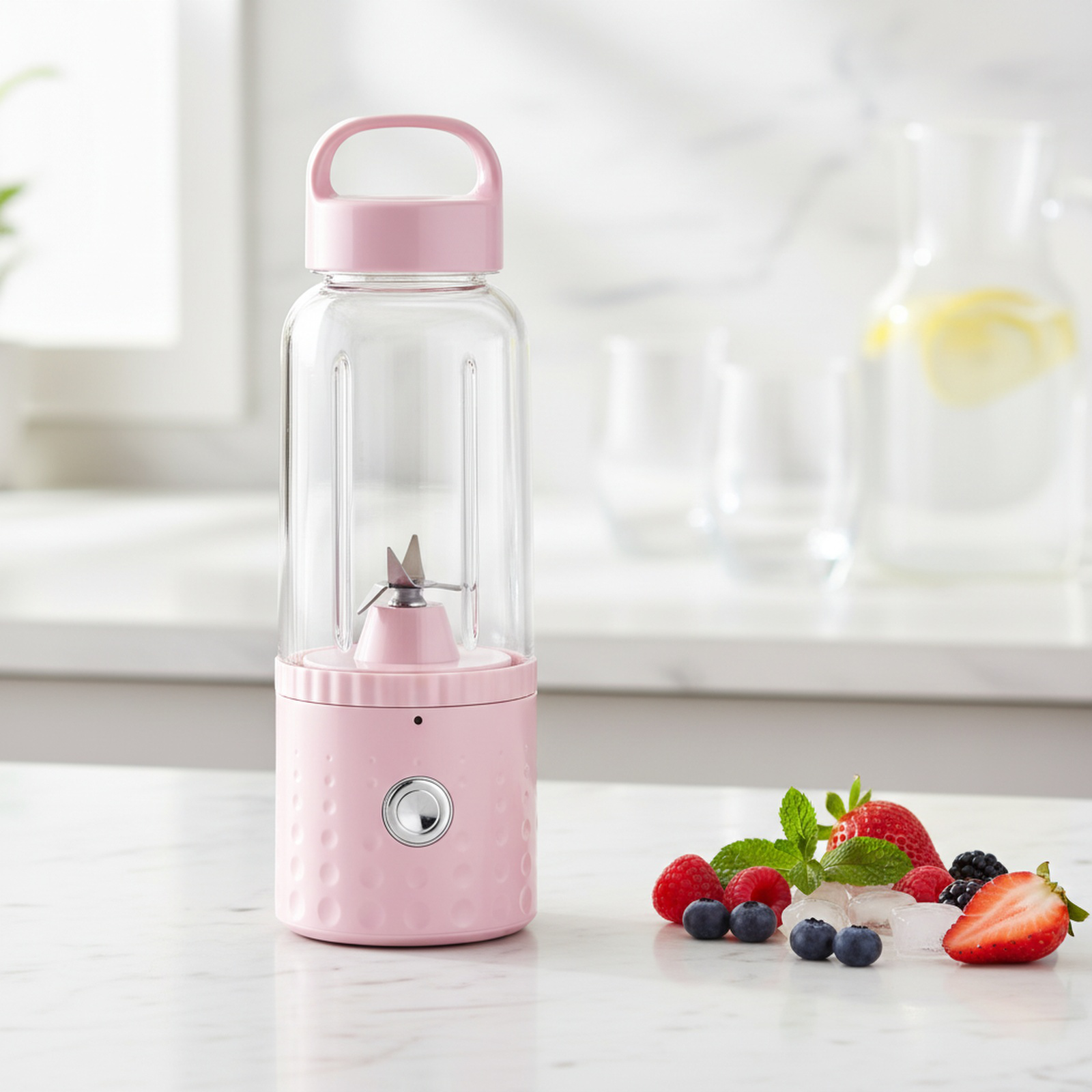 Small household fully automatic portable fruit juicer cup on kitchen counter