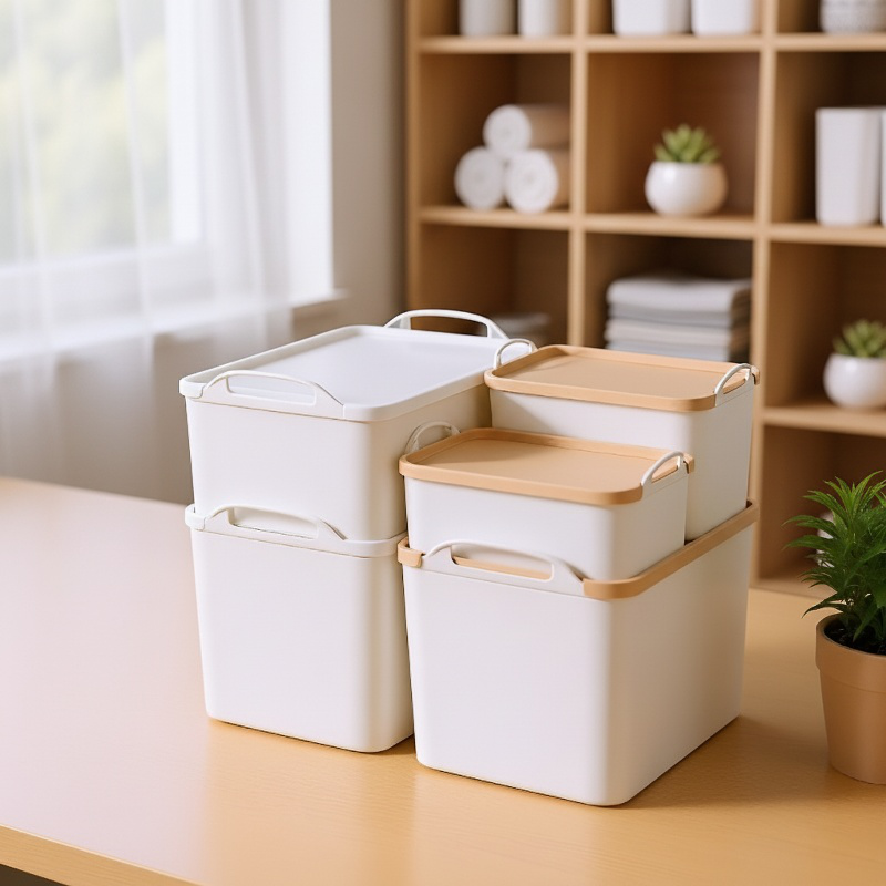 Boîte de rangement domestique en plastique avec couvercle pour vêtements et bric-à-brac