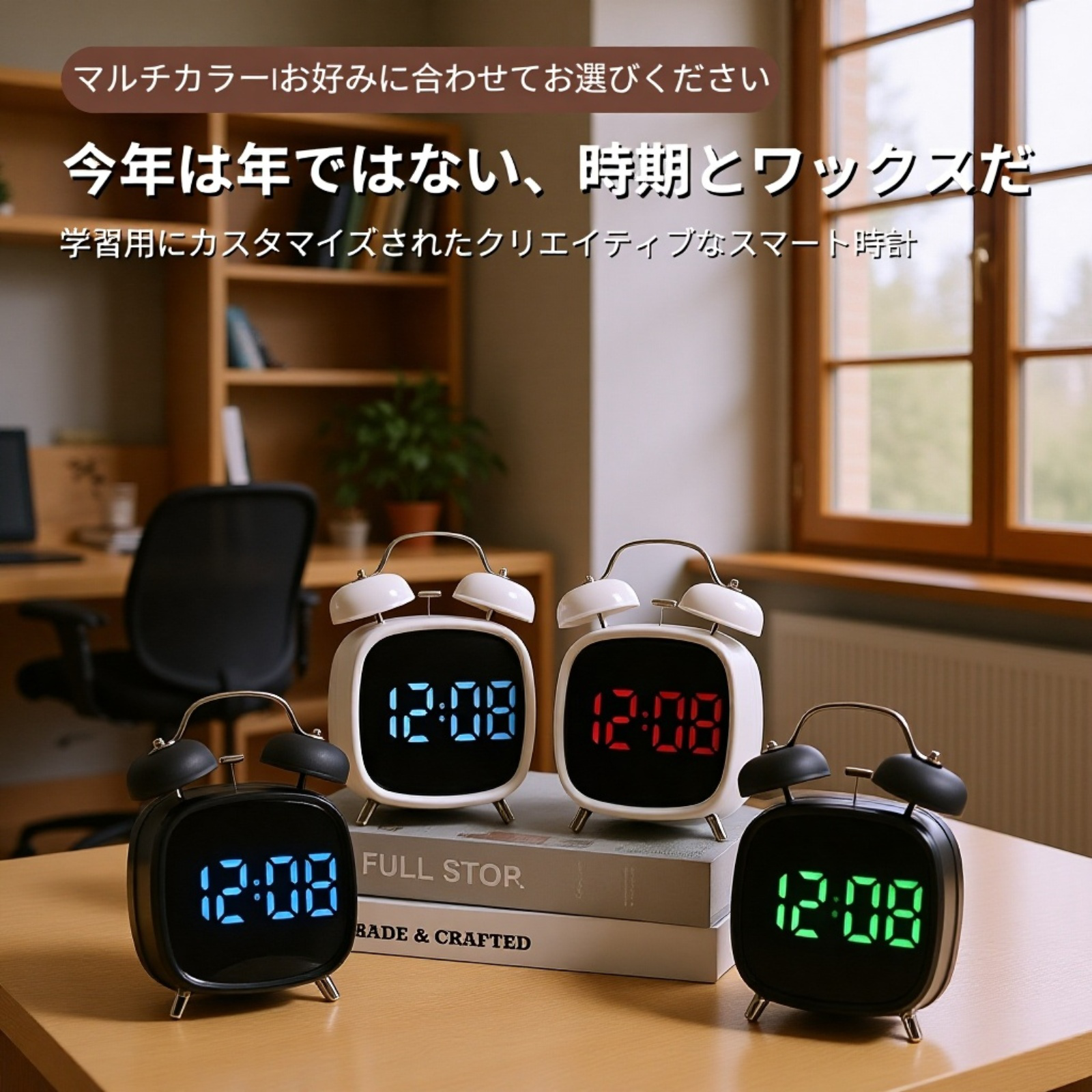 LED多機能目覚まし時計、寝坊防止機能付き