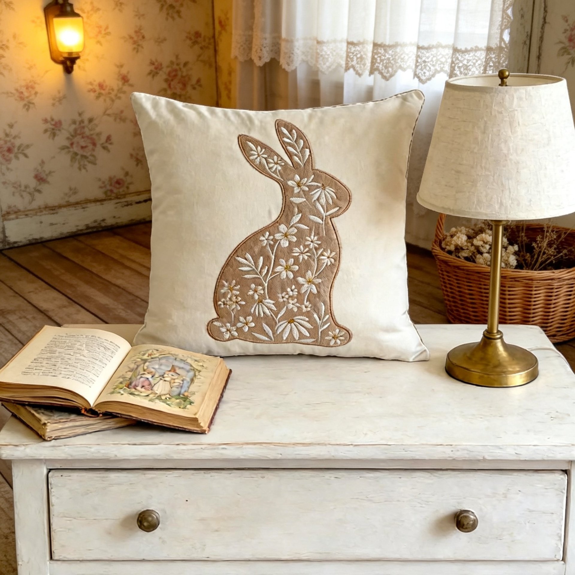 Cute Easter Bunny Embroidered Sofa Cushion Pillow Cover Holiday Decoration