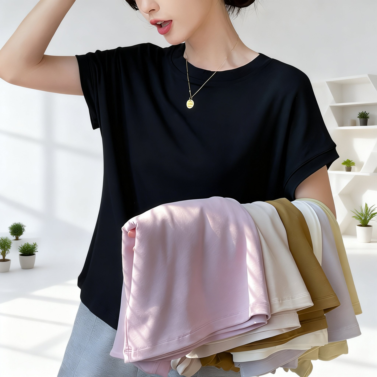 レディース バットウィングスリーブ 無地 万能Tシャツ