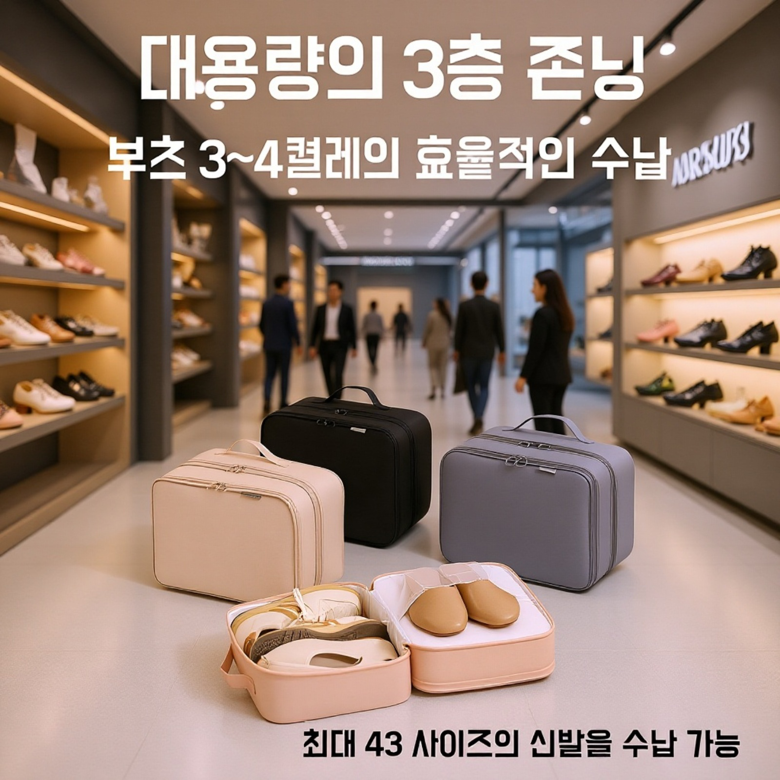 여행 가방 옆에 놓인 신발 수납 가방