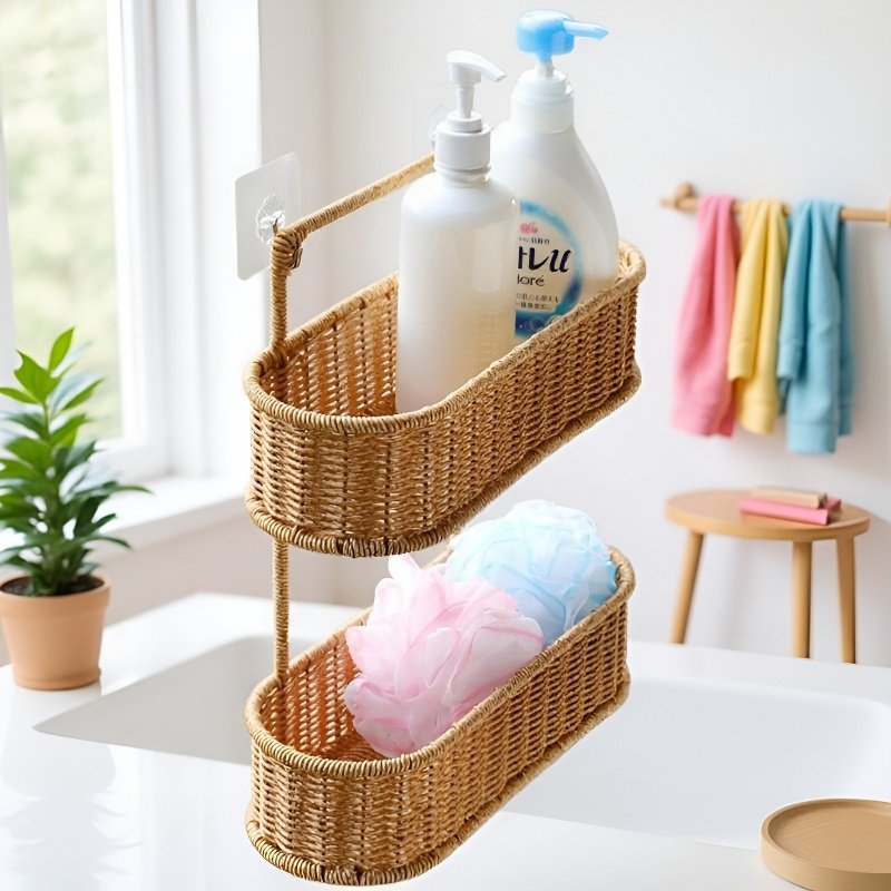 Multi-Layer Rattan-Style Bathroom Shelf, No-Drill Kitchen Storage Rack