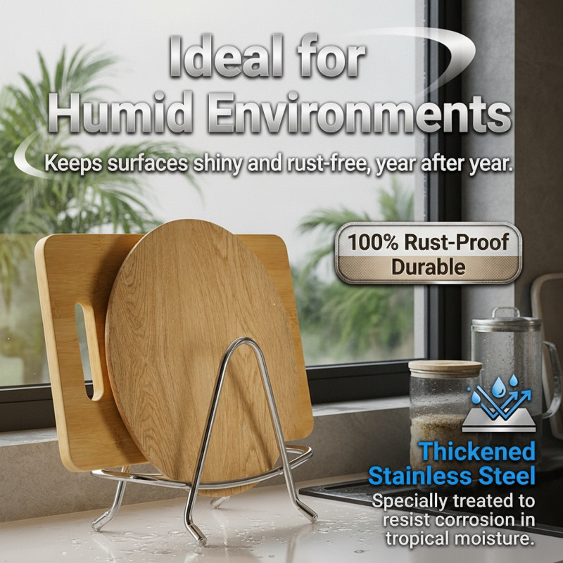 Stainless steel cutting board rack and pot lid holder for kitchen use - durable and space-saving.