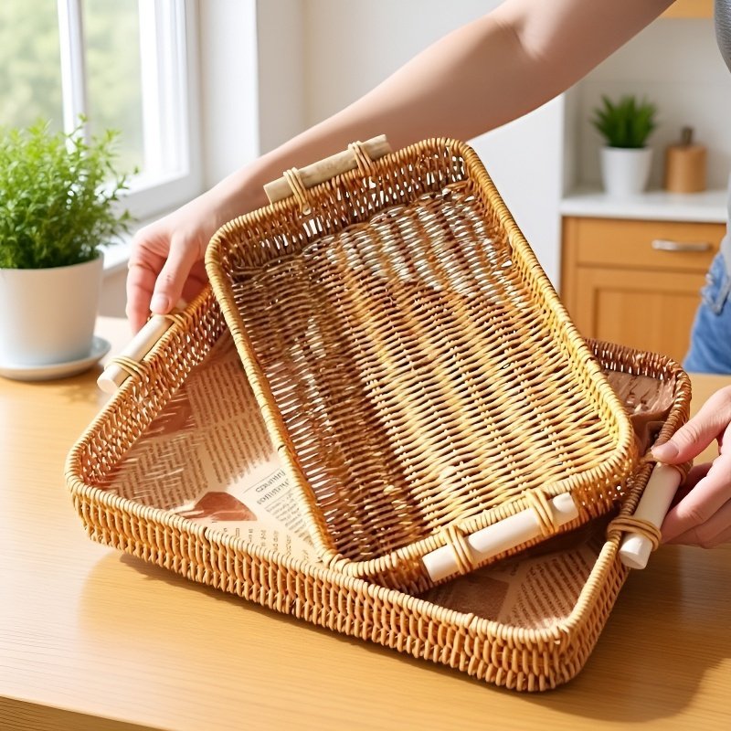 Cesta rectangular de ratán con frutas frescas en cocina moderna