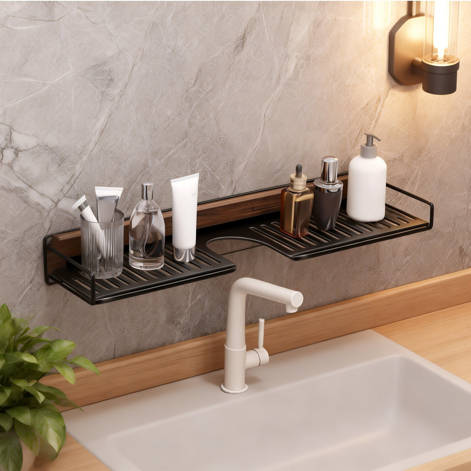 Wall Suction Cup Walnut Wood Washbasin Storage Shelf, No-Drill Bathroom Faucet Rack