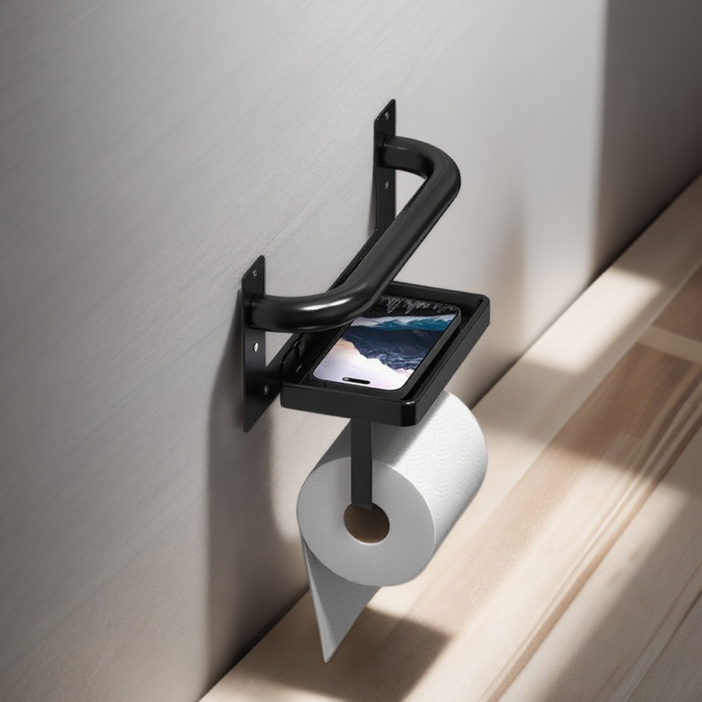  Držák toaletního papíru s madly, nástěnný držák na papírové ručníky, polička na mobilní telefon