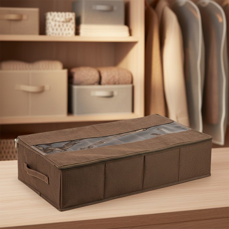 Foldable under-bed storage box with transparent fabric cover