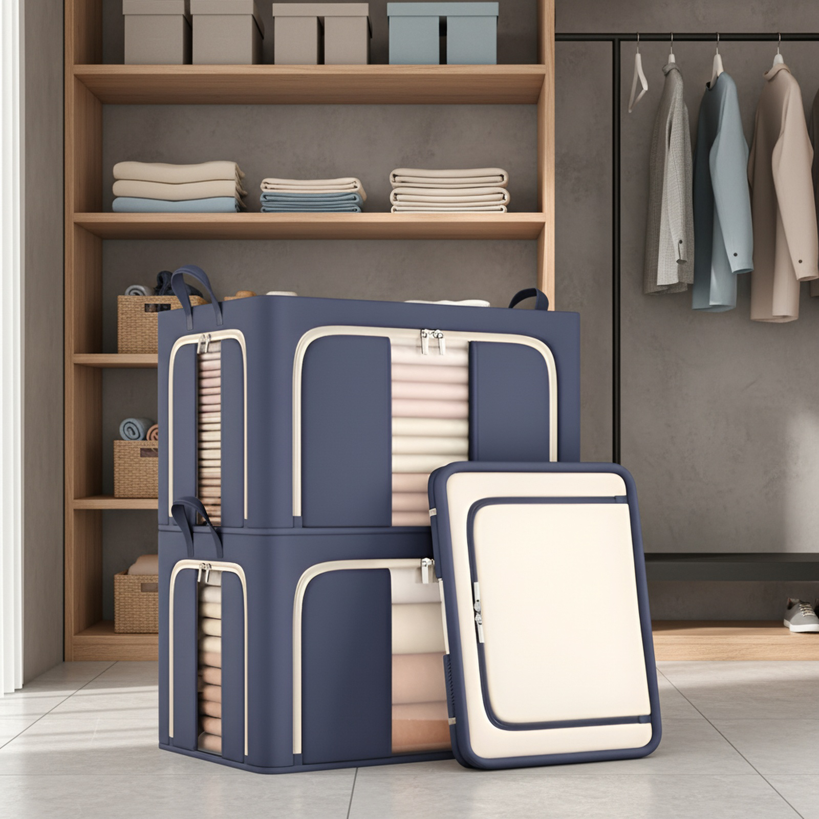 Dreiseitig zu öffnende faltbare Aufbewahrungsbox mit Stahlrahmen, ideal für Futons